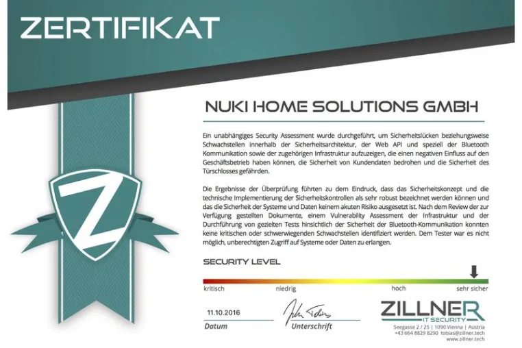 Nuki Smart Lock erhält unabhängiges Sicherheitszertifikat Bild: Nuki Smart Lock erhält unabhängiges Sicherheitszertifikat