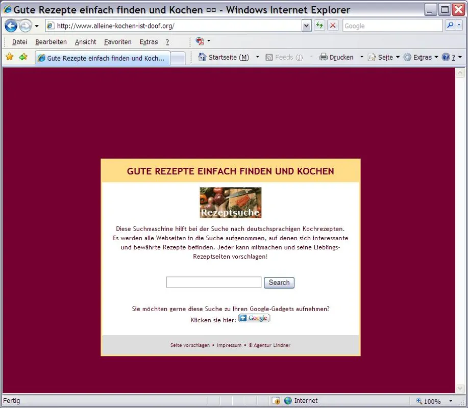 Die Webseite www.alleine-kochen-ist-doof.org