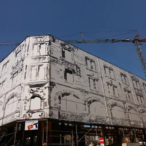 Gerüstplane als Fassadenverhüllung am "Gerber" Stuttgart Bild: Gerüstplane als Fassadenverhüllung am "Gerber" Stuttgart