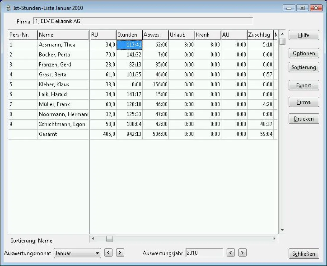 Zeiterfassung Ist-Stunden-Liste