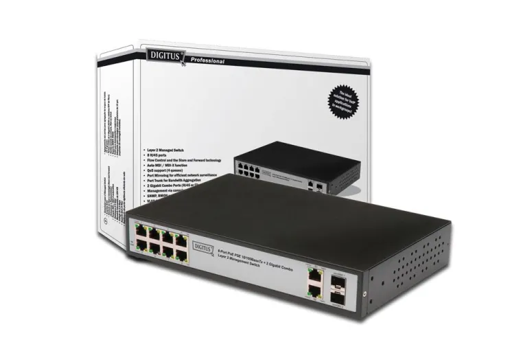 Bild: Managebarer DIGITUS® Professional Fast Ethernet PoE Switch versorgt Geräte mit bis zu 100 Watt