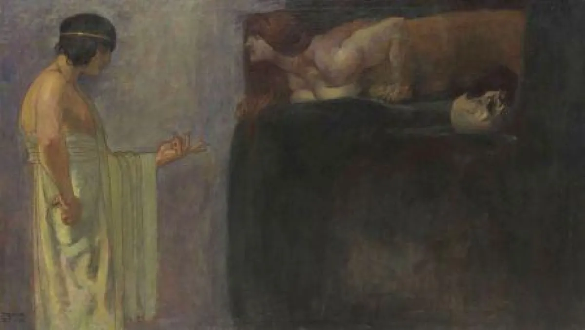 F. v. Stuck, Ödipus löst das Rätsel der Sphinx, Öl/Leinwand, 1891, 86 x 147 cm. EUR 180.000-240.000.