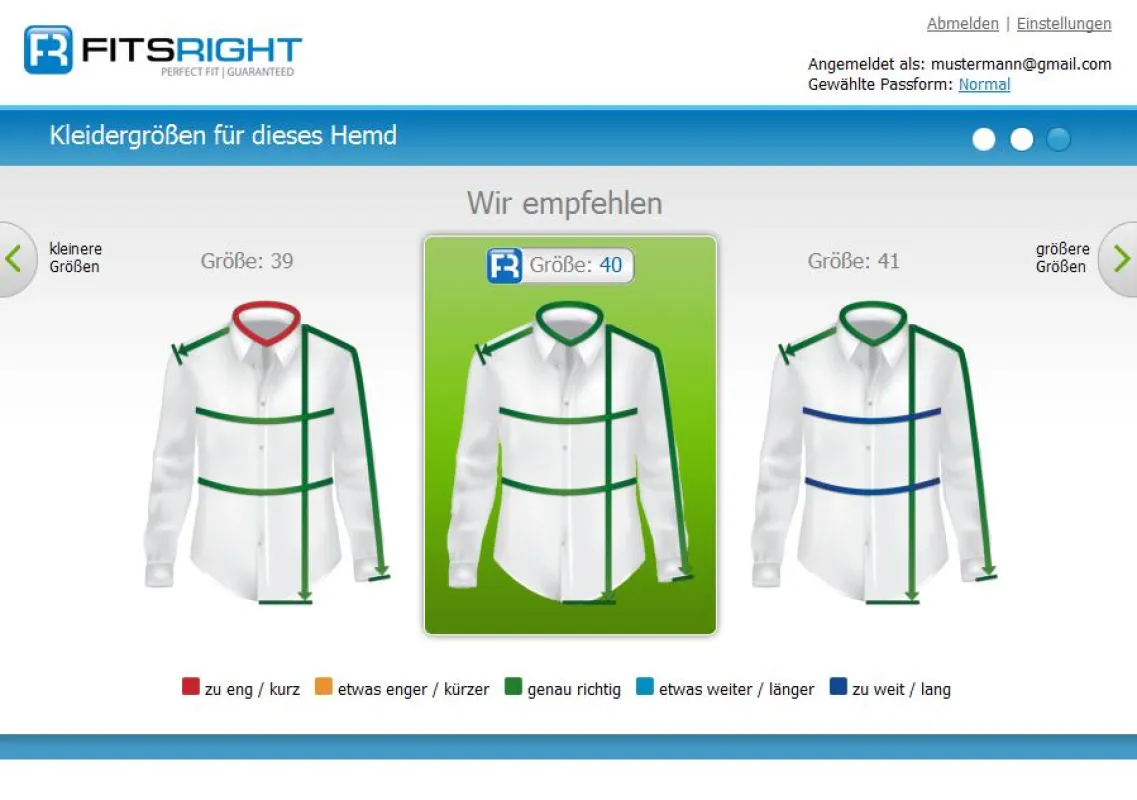 Ergebnisseite des FitsRight Größenberaters