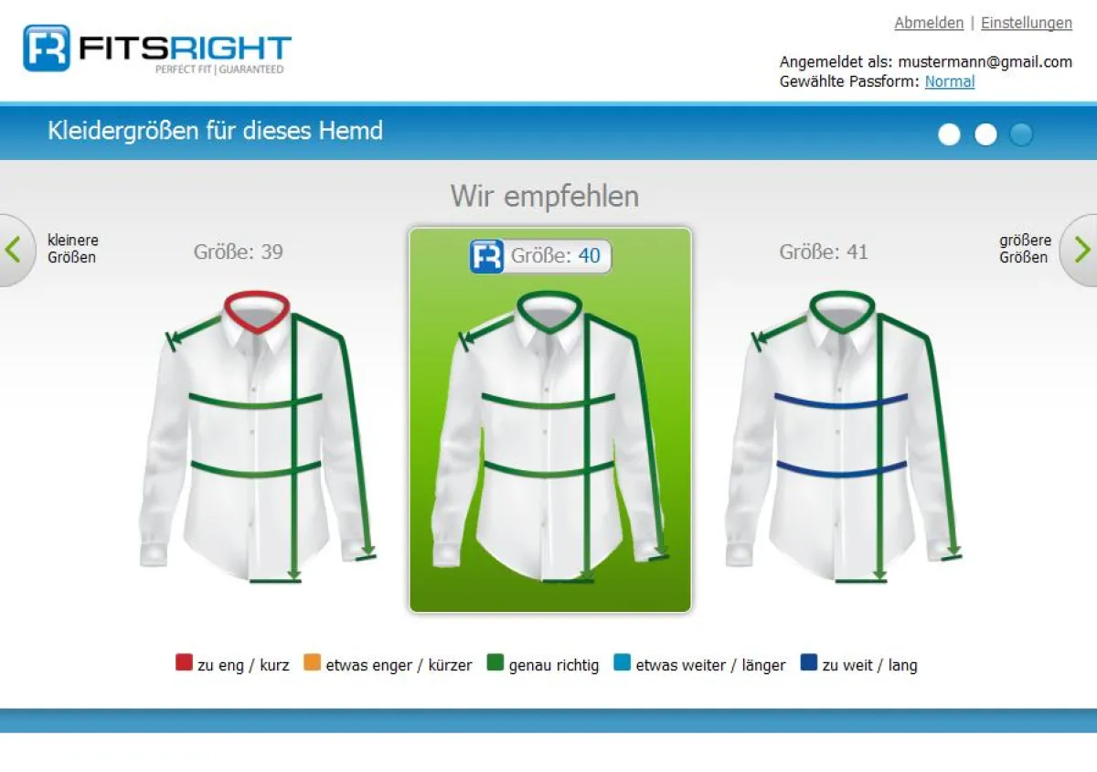Ergebnisseite des FitsRight Größenberaters