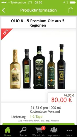 Bild: Die OLIVE E PIÙ Shopping App für Extra Native Olivenöle