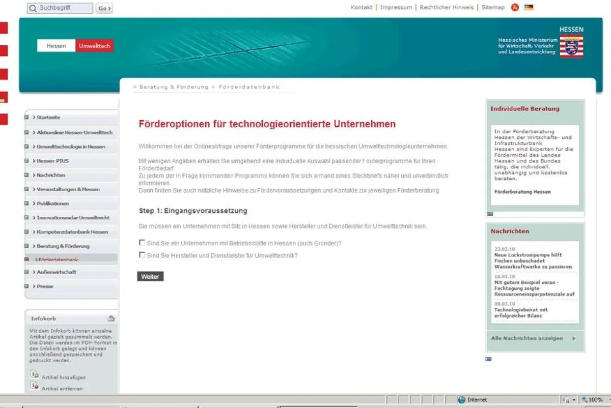 Förderdatenbank zum Durchklicken auf Website der Aktionslinie Hessen-Umwelttech des Hessischen Wirtschaftsministeriums