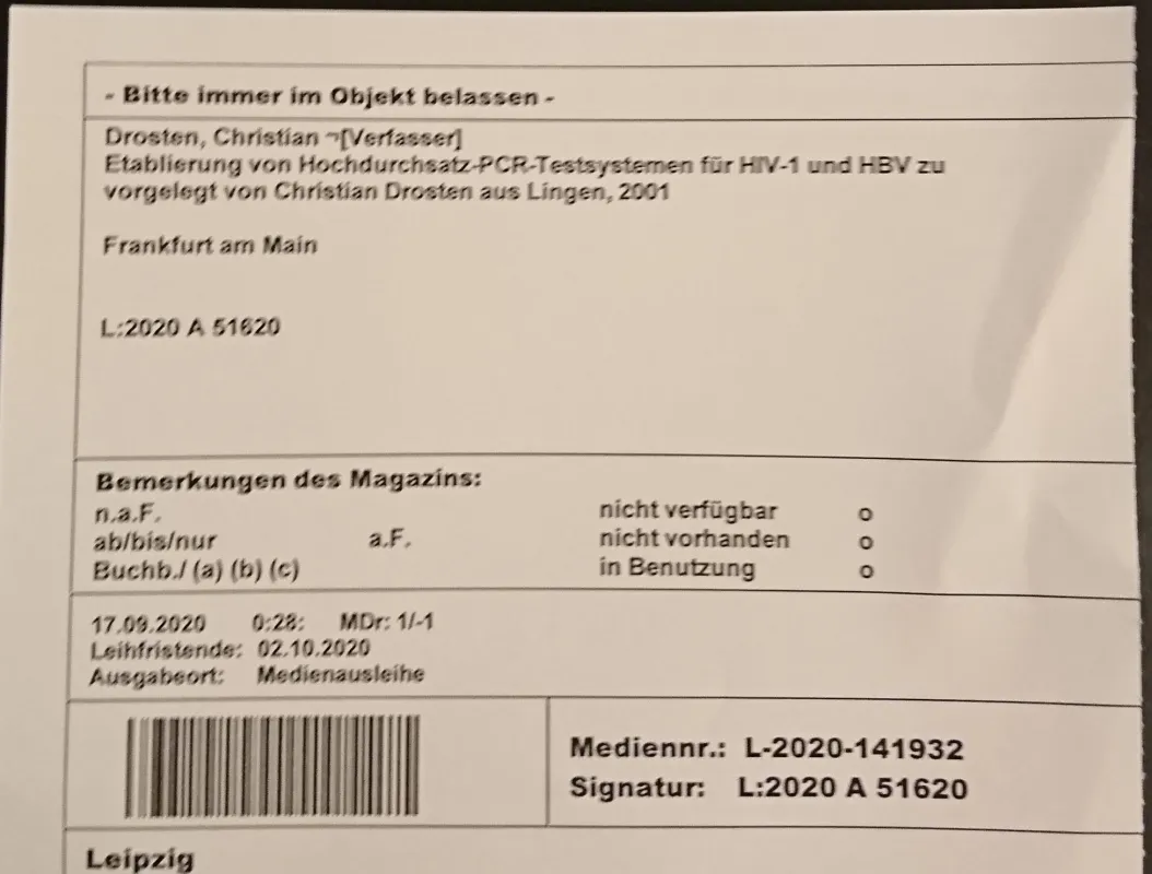 Ausleihschein der Deutschen Nationalbibliothek für die Promotionsschrift von Prof. Christian Drosten