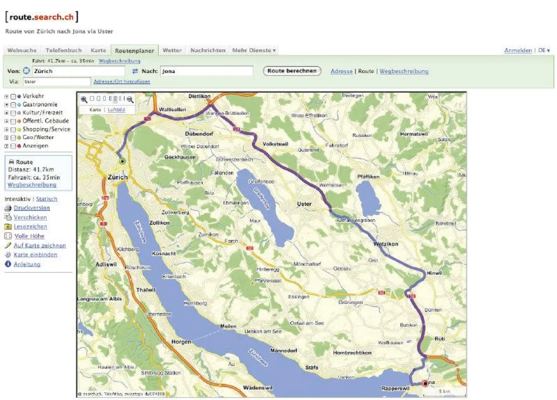 Screenshot Via Eingabe auf route.search.ch