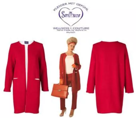 Egg-Shape Mantel in aufregendem Rot mit Ton-in-Ton Samthose Bild: Egg-Shape Mantel in aufregendem Rot mit Ton-in-Ton Samthose