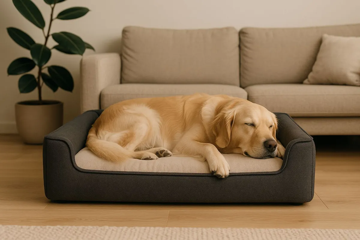Ein Golden Retriever genießt sichtlich entspannt sein orthopädisches Hundebett – Komfort und Qualitä (© ©Fellnasenfreunde UG)