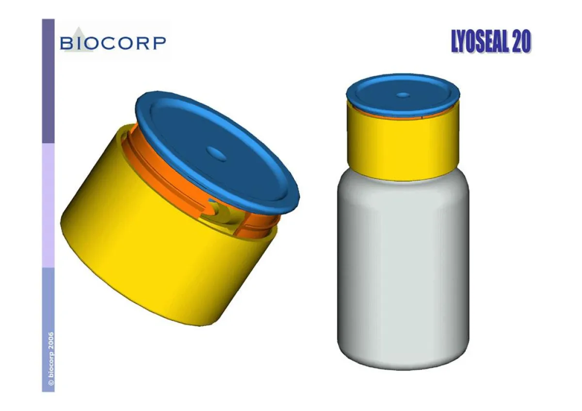 Mit der Lyoseal™-Kapsel von BIOCORP versiegeltes Fläschchen mit einem Medikament.