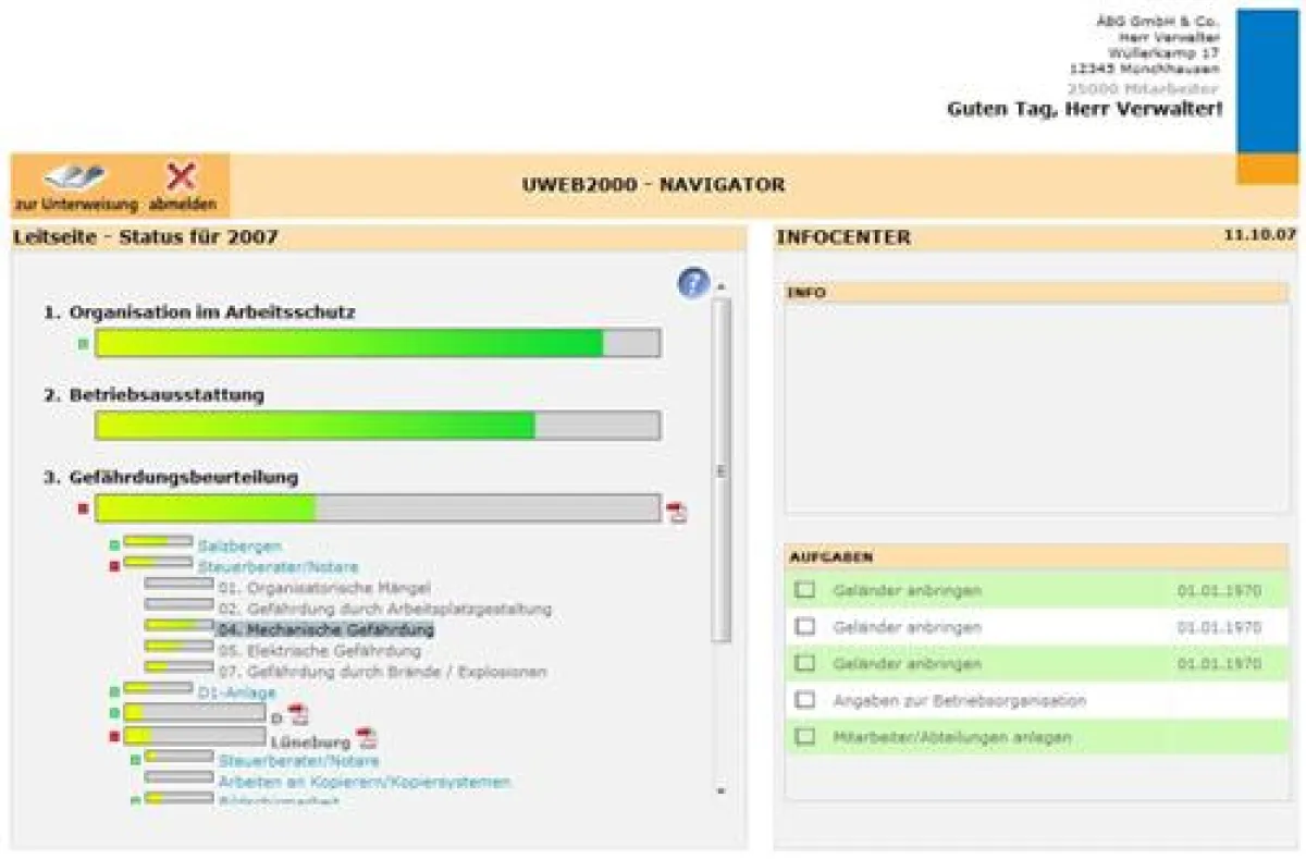 Eingegebene Daten, z.B. zu Tätigkeiten und Gefährdungsklassen, werden verknüpft und grafisch dargestellt. Für das gesamte Unternehmen oder einzelne Abteilungen ist so der Fortschritt im Arbeitschutz a
