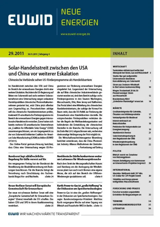 EUWID Neue Energien 29/2011 umfasst 116 Nachrichten zur Energiewende auf 36 Seiten