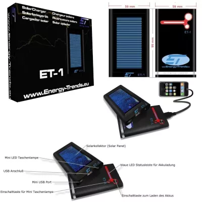 ET-1 das universelle und mobile Solar Ladegerät für Handys, PDAs, Navigationssysteme, etc. Bild: ET-1 das universelle und mobile Solar Ladegerät für Handys, PDAs, Navigationssysteme, etc.
