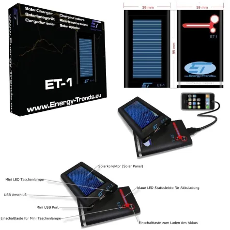 ET-1 das universelle und mobile Solar Ladegerät für Handys, PDAs, Navigationssysteme, etc. Bild: ET-1 das universelle und mobile Solar Ladegerät für Handys, PDAs, Navigationssysteme, etc.