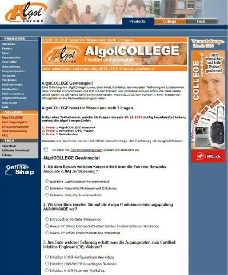 Gewinnspielseite im Algol-Portal