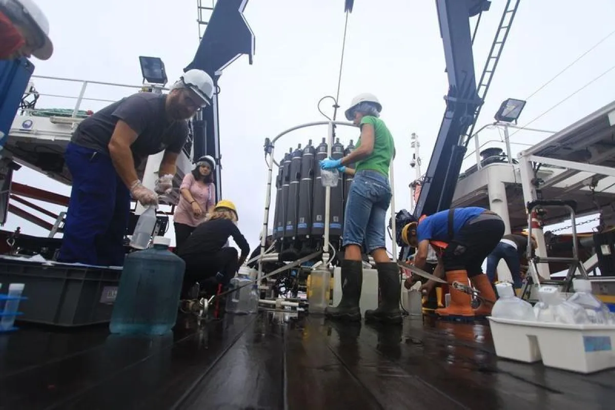 Probennahme auf dem spanischen Forschungsschiff Sarmiento de Gamboa aus Sammelflaschen, in denen Wasser aus verschiedenen Tiefen eingeschlossen ist. (Copyright: Alexander Bochdansky)