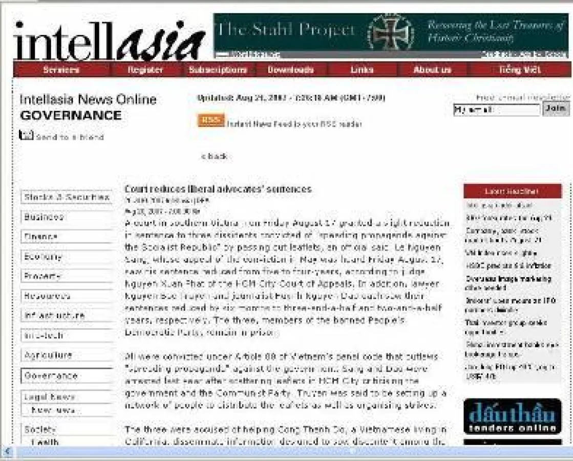 Webseite der Intellasia.com, die wegen der Berichterstattung über politische Prozesse gegen Dissidenten in Vietnam einer Schmähkampagne seitens vietnamesischer Staatsmedien ausgesetzt ist.