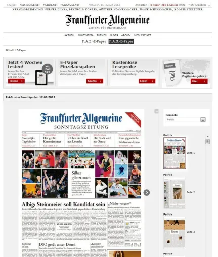 Optisch und technisch am Puls der Zeit(ung) – Netpioneer relauncht E-Paper-Auftritt der F.A.Z. Bild: Optisch und technisch am Puls der Zeit(ung) – Netpioneer relauncht E-Paper-Auftritt der F.A.Z.