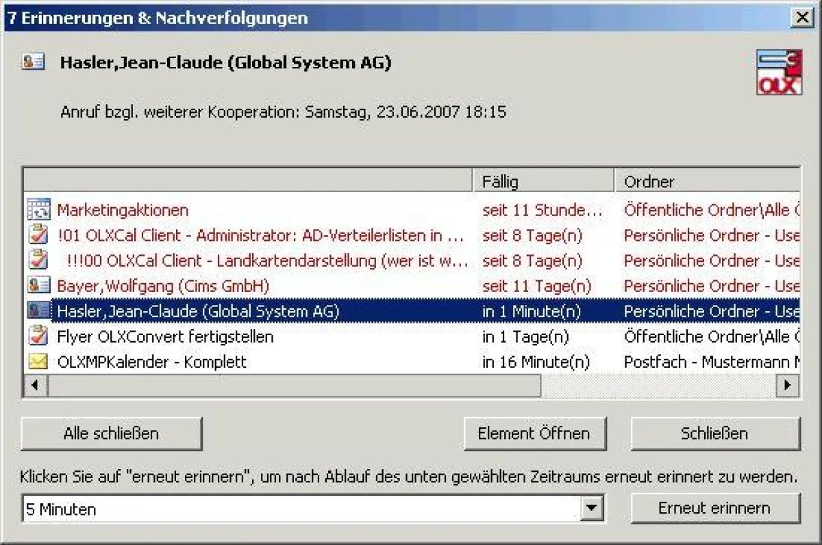 Das Outlook©-Add-On OLXExtendedReminder bezieht auf Wunsch alle Ordner in die Nachverfolgung ein.