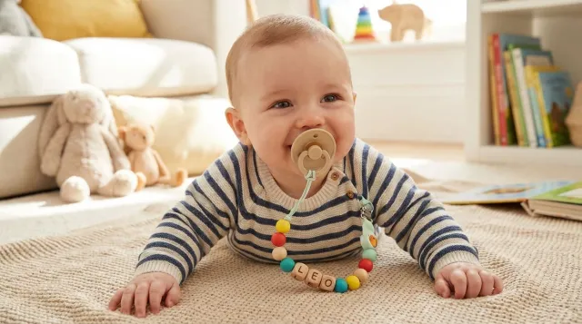Bild: Personalisierte Schnullerketten erweisen sich als perfektes Geburtsgeschenk für junge Familien