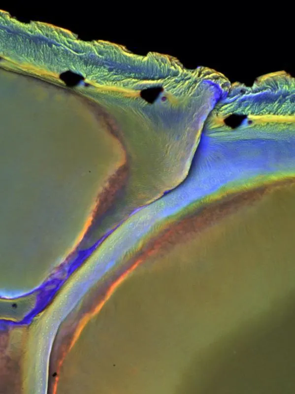 The blue areas on the CLSM images indicate structures with a high resilin content in the nodus of the dragonfly wing. Green indicates chitin and red is for sclerotized cuticle.  (Functional Morphology