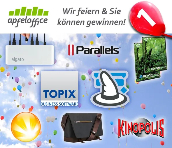 Verlosung von 'Produktivitäts'-Gewinnen für Mac im Wert von ca. 2.000 € zum 1. Geburtstag von apfeloffice Bild: Verlosung von 'Produktivitäts'-Gewinnen für Mac im Wert von ca. 2.000 € zum 1. Geburtstag von apfeloffice