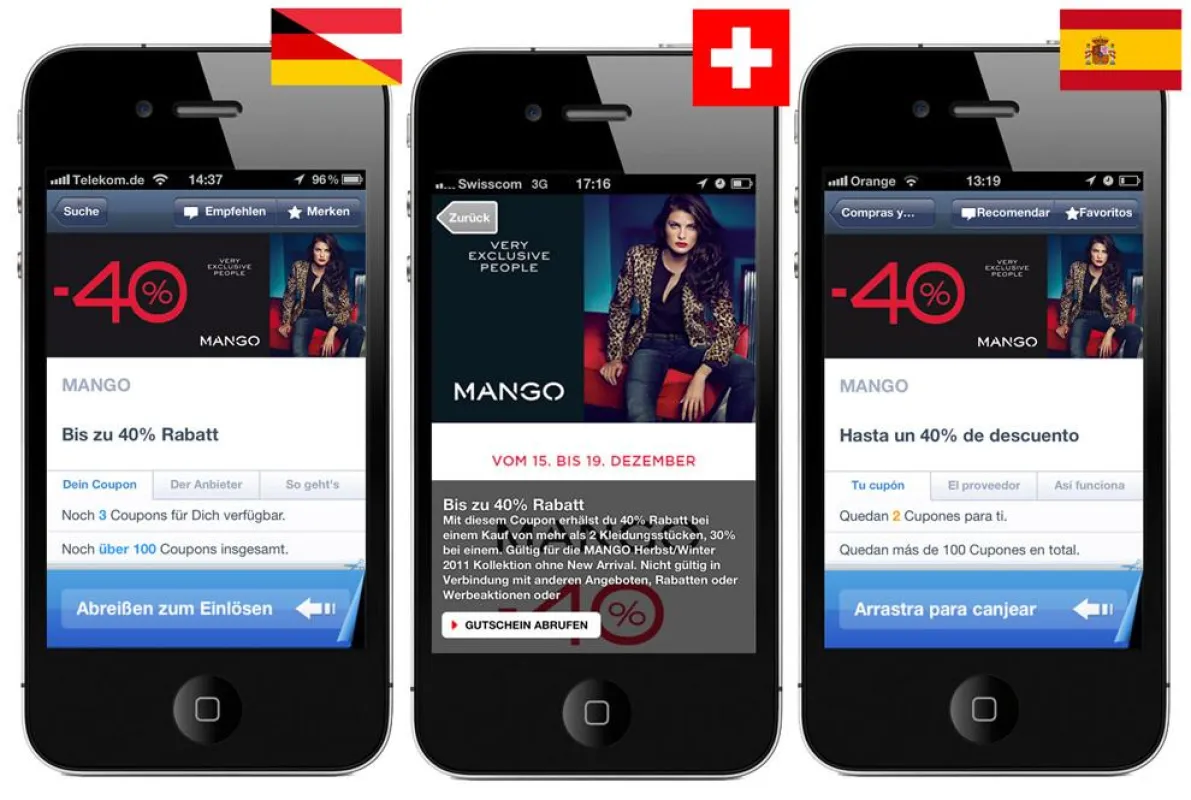 MANGO M-Coupon in Deutschland, Österreich, Schweiz (deals@kkiosk) und Spanien.