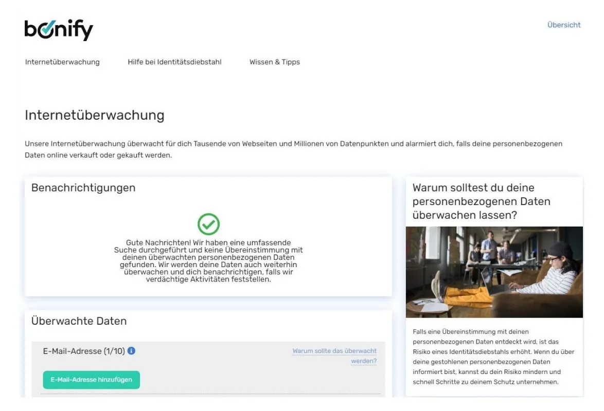 Screenshot | bonify IdentProtect-Portal Übersicht Internetüberwachung