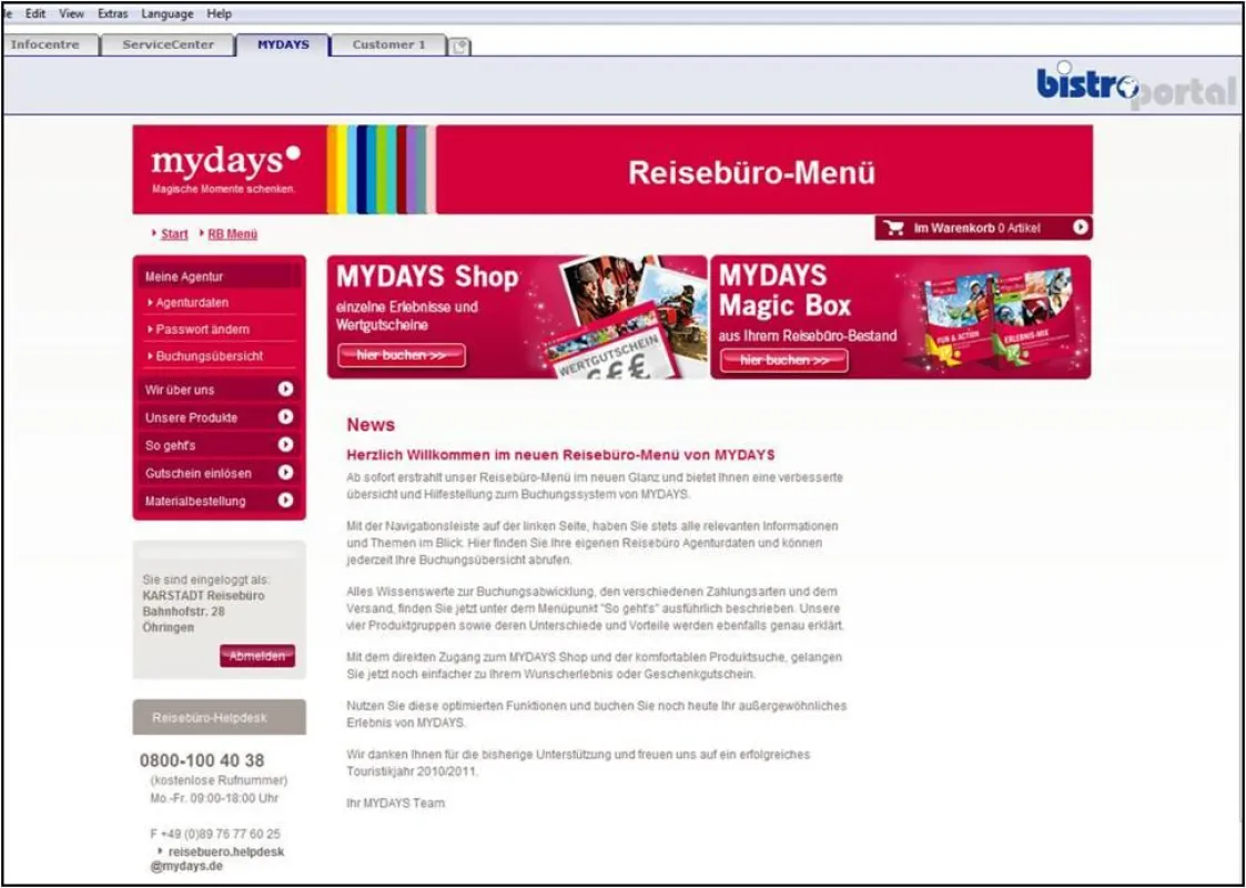 Screenshot der MYDAYS Integration bei BistroPortal