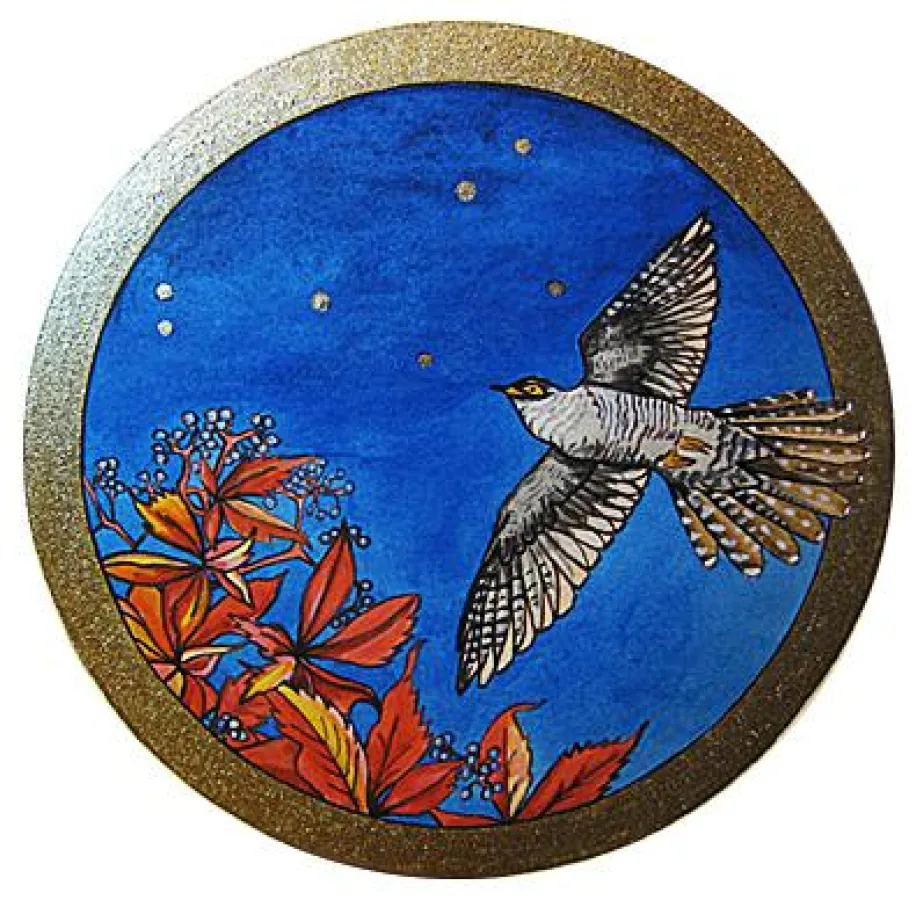 Der Kuckuck und die Plejaden / Ingrid Lang 2013 / Acryl, Tusche, Bleichgold auf Papier