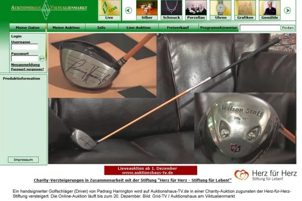 Start der ersten Charity-Auktion auf Auktionshaus-TV: Versteigerung eines handsignierten Golfschlägers von Padraig Harrington wird zugunsten der Herz-für-Herz-Stiftung Bild: Start der ersten Charity-Auktion auf Auktionshaus-TV: Versteigerung eines handsignierten Golfschlägers von Padraig Harrington wird zugunsten der Herz-für-Herz-Stiftung