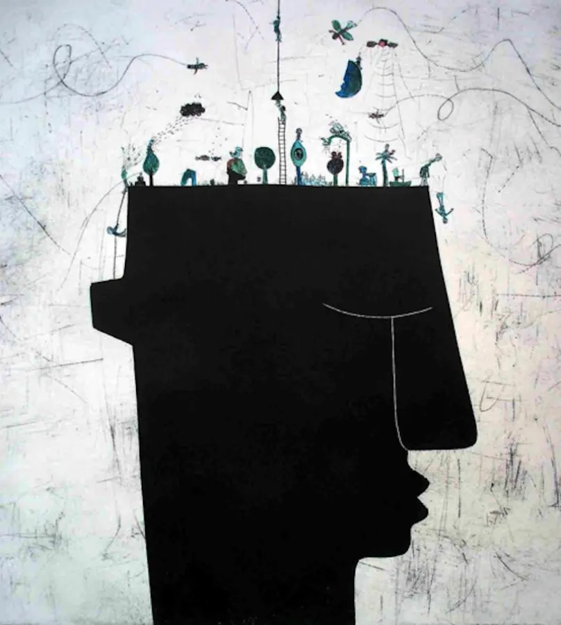 Moisés Yagües, Voller Kopf. Kaltnadelstich, Xylografie, 76 x 56 cm, Auflage: 20 Exemplare