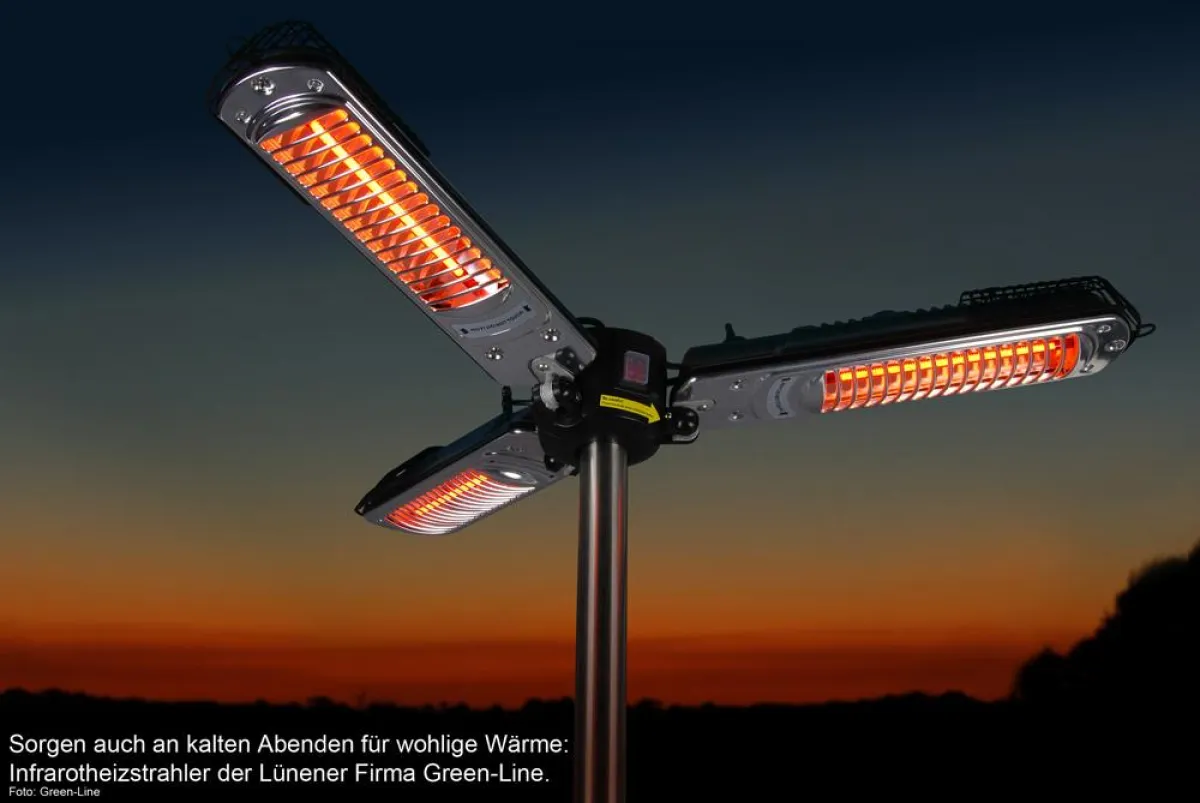 Sorgen für wohlige Wärme an kalten Abenden: Infrarotheizstrahler der Lünener Firma Green-Line.
