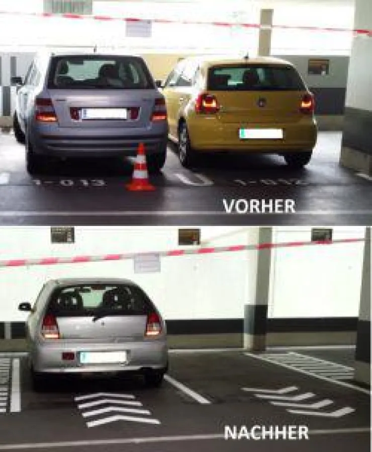 Einparken mit System: VORHER: Kein Platz zum Aussteigen NACHHER: genügend Platz zum Aussteigen