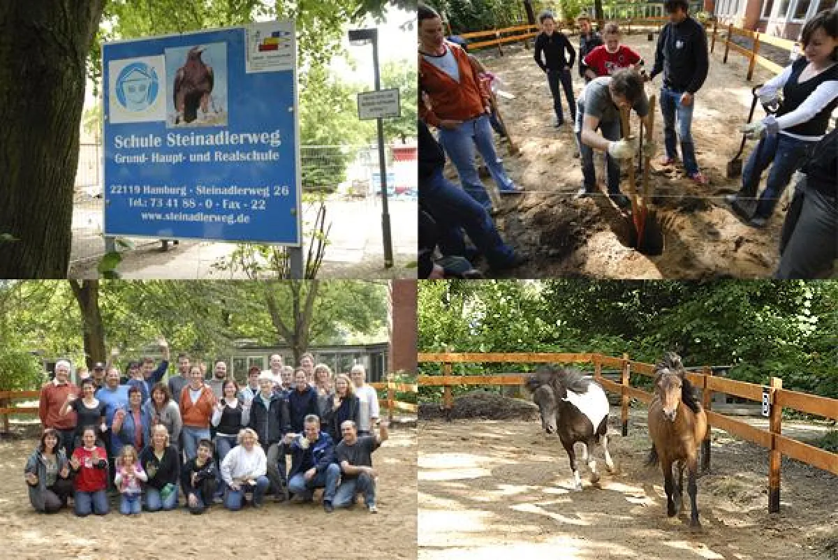 Mitarbeiter von Union Investment beim Anlegen einer Pferdekoppel und eines Schulgartens im Steinadlerweg
