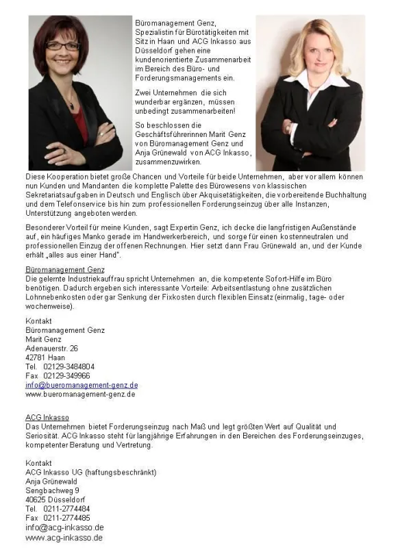 Kooperation Büromanagement Genz und ACG Inkasso