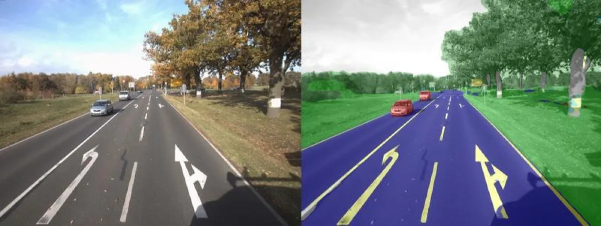 Das »Deep Learning Framework« von Fraunhofer IPM kann eintrainierte Objekte automatisch in Echtzeit erkennen und zeigt diese per Farbmaske an (rechts). (© Fraunhofer IPM)