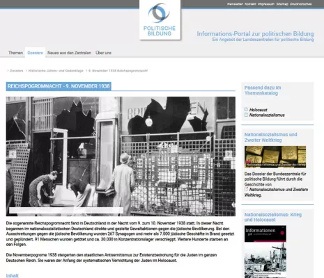 Online-Dossier „Reichspogromnacht - 9. November 1938“ auf dem Informations-Portal zur politischen Bildung“ Bild: Online-Dossier „Reichspogromnacht - 9. November 1938“ auf dem Informations-Portal zur politischen Bildung“