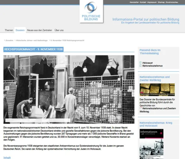 Bild: Online-Dossier „Reichspogromnacht - 9. November 1938“ auf dem Informations-Portal zur politischen Bildung“