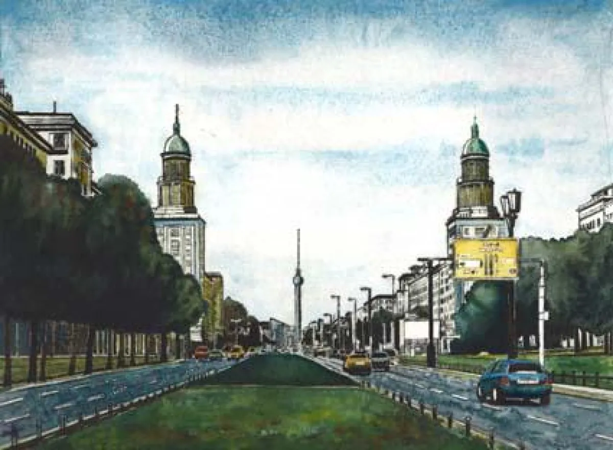 Frankfurter Allee mit Frankfurter Tor, Lichtenberg, Radierung, aquarelliert, 24x32 cm, 2006