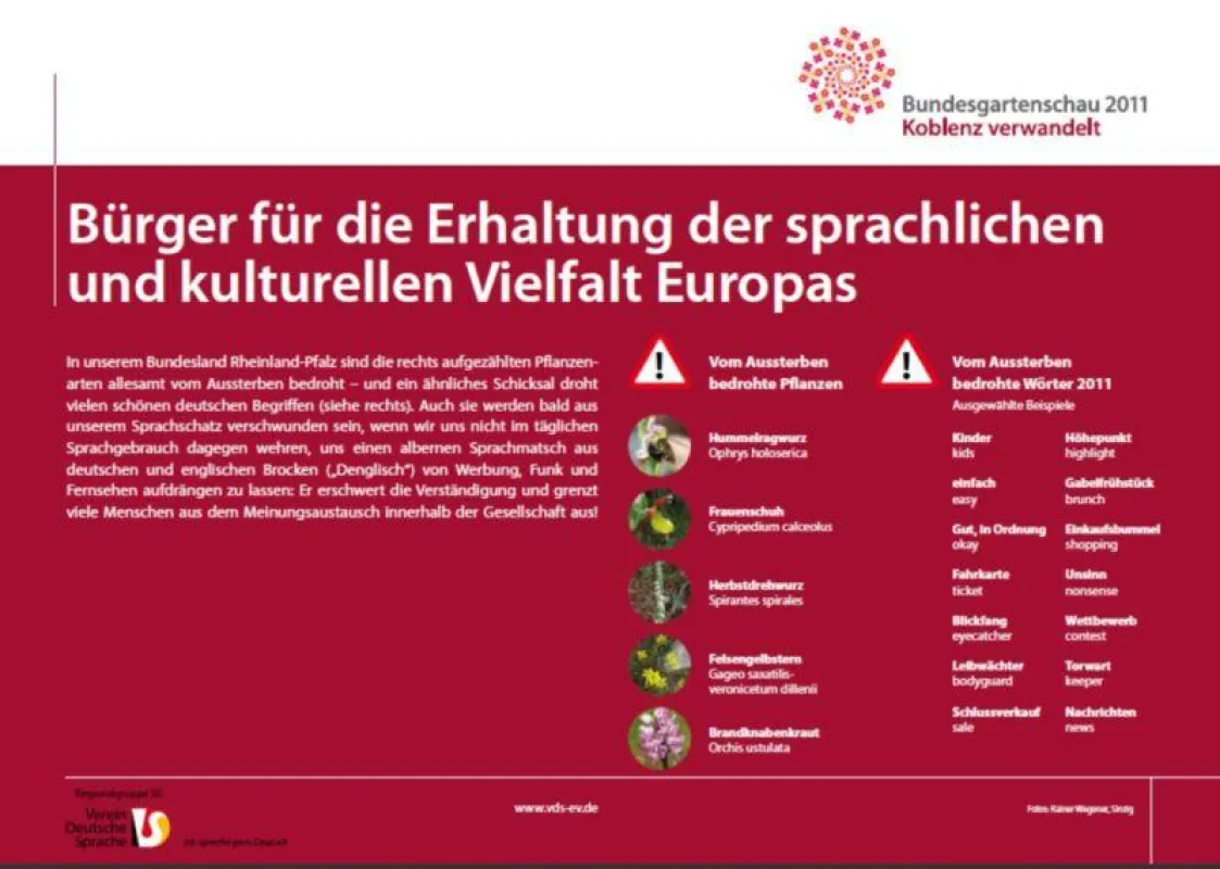 Bugaplakat mit den Listen bedrohter Pflanzen und bedrohter deutscher Wörter