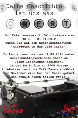 Bild: Aufruf zum Schreibwettbewerb - Anekdoten rund um das "Café Tasso - Das andere Antiquariat"