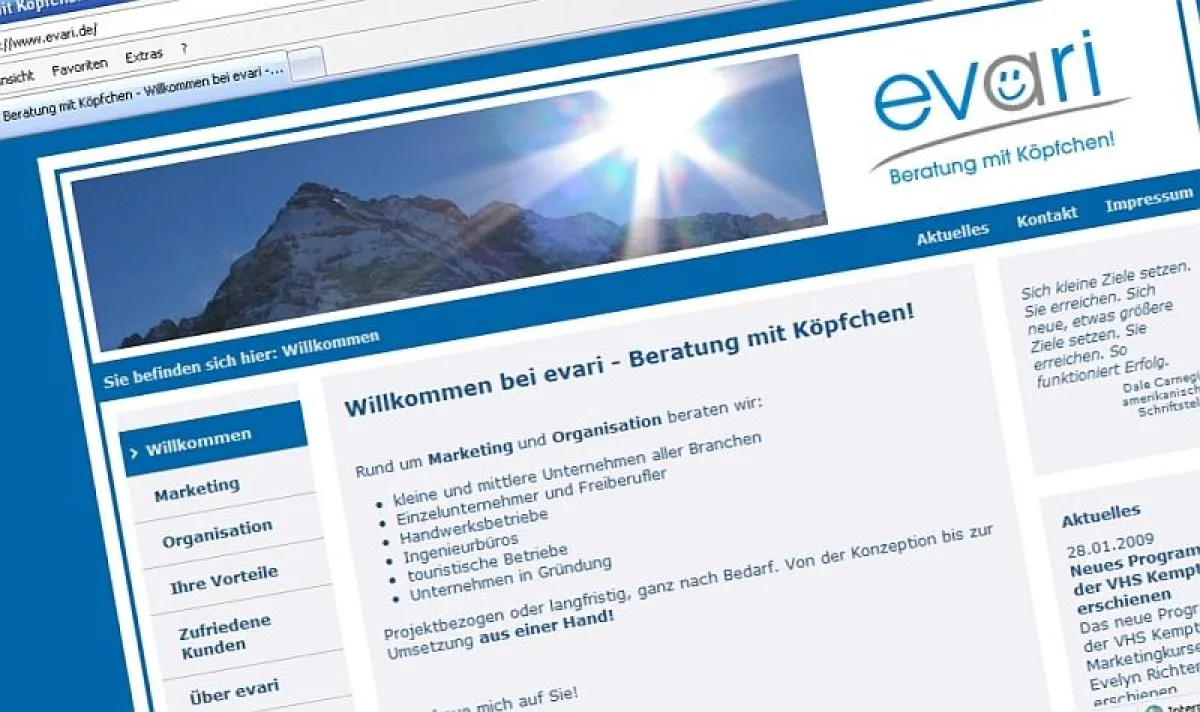 Neues Konzept, frisches Design, viel Information - Der neue Internetauftritt der Marketingberatung evari - Beratung mit Köpfchen! aus Durach im Allgäu