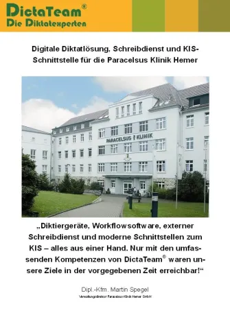 Paracelsus Klinik Hemer stellt auf Services von DictaTeam um Bild: Paracelsus Klinik Hemer stellt auf Services von DictaTeam um