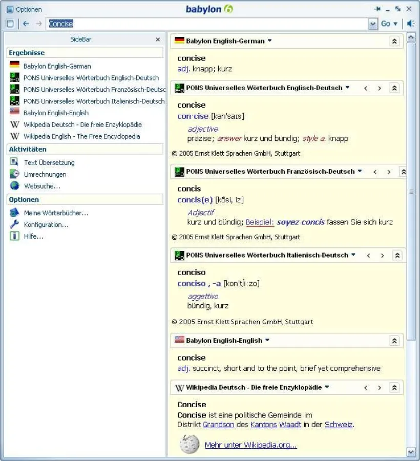 Babylon-Popup-Fenster: Babylon liefert Ergebnisse aus allen konfigurierten Quellen (Bild: Babylon)