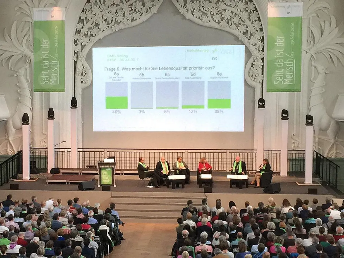 Per SMS-Voting wurde das Publikum auf dem Katholikentag 2016 in die Podiumsdiskussion integriert.