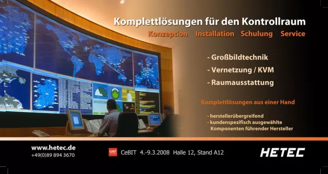 Bild: Kontrollraum-Komplettlösungen von HETEC auf der CeBIT 2008 in Halle 12, Stand A12
