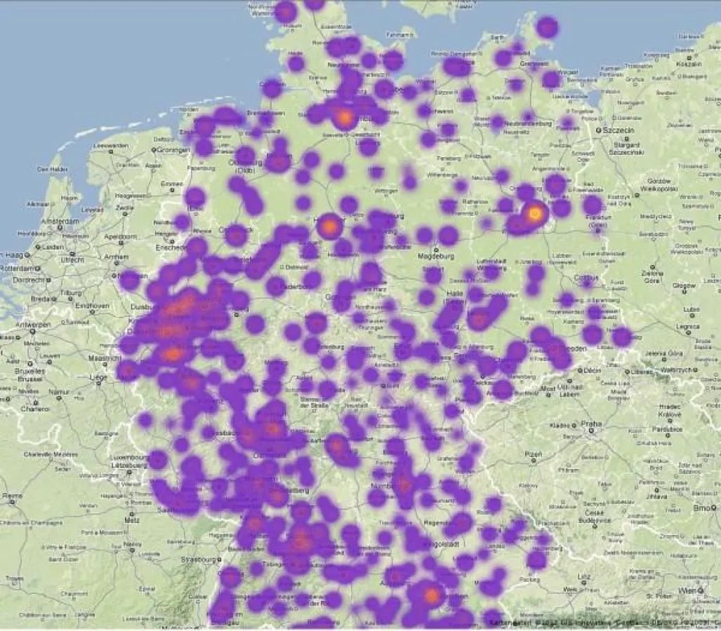 Heatmap „Heiraten in Deutschland”, welche die räumliche Verteilung von Eheschließungen illustriert.