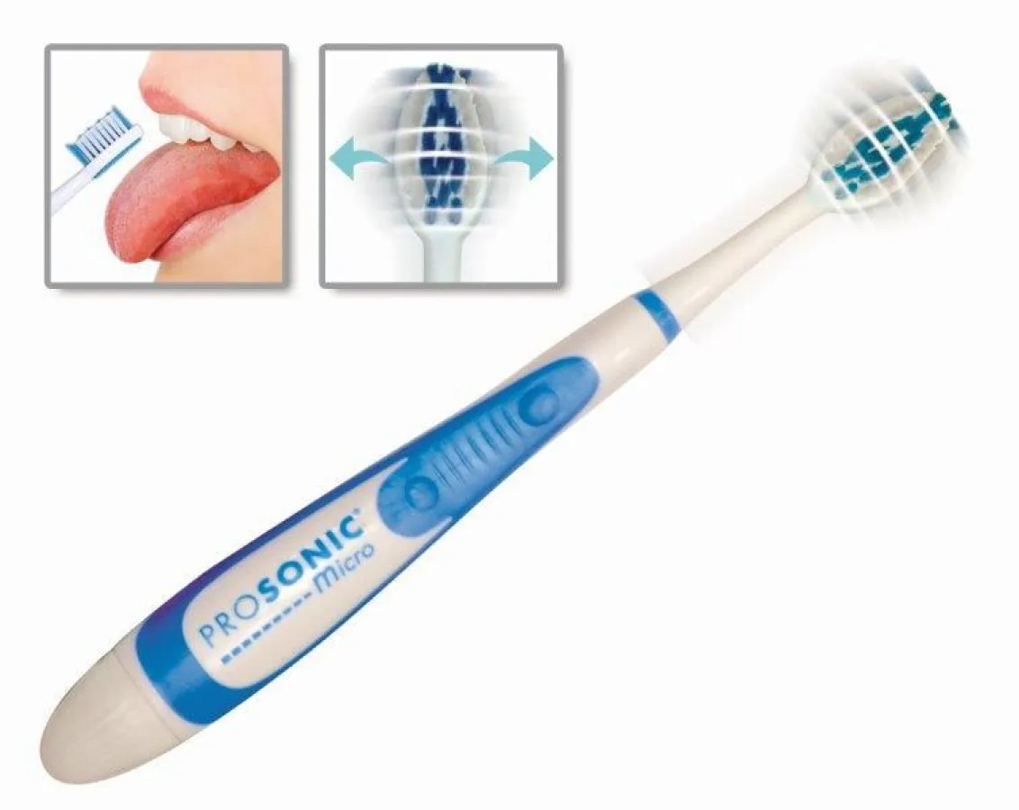 Die neue Prosonic micro 2 Schallzahnbürste, mit integriertem Zungenreiniger.